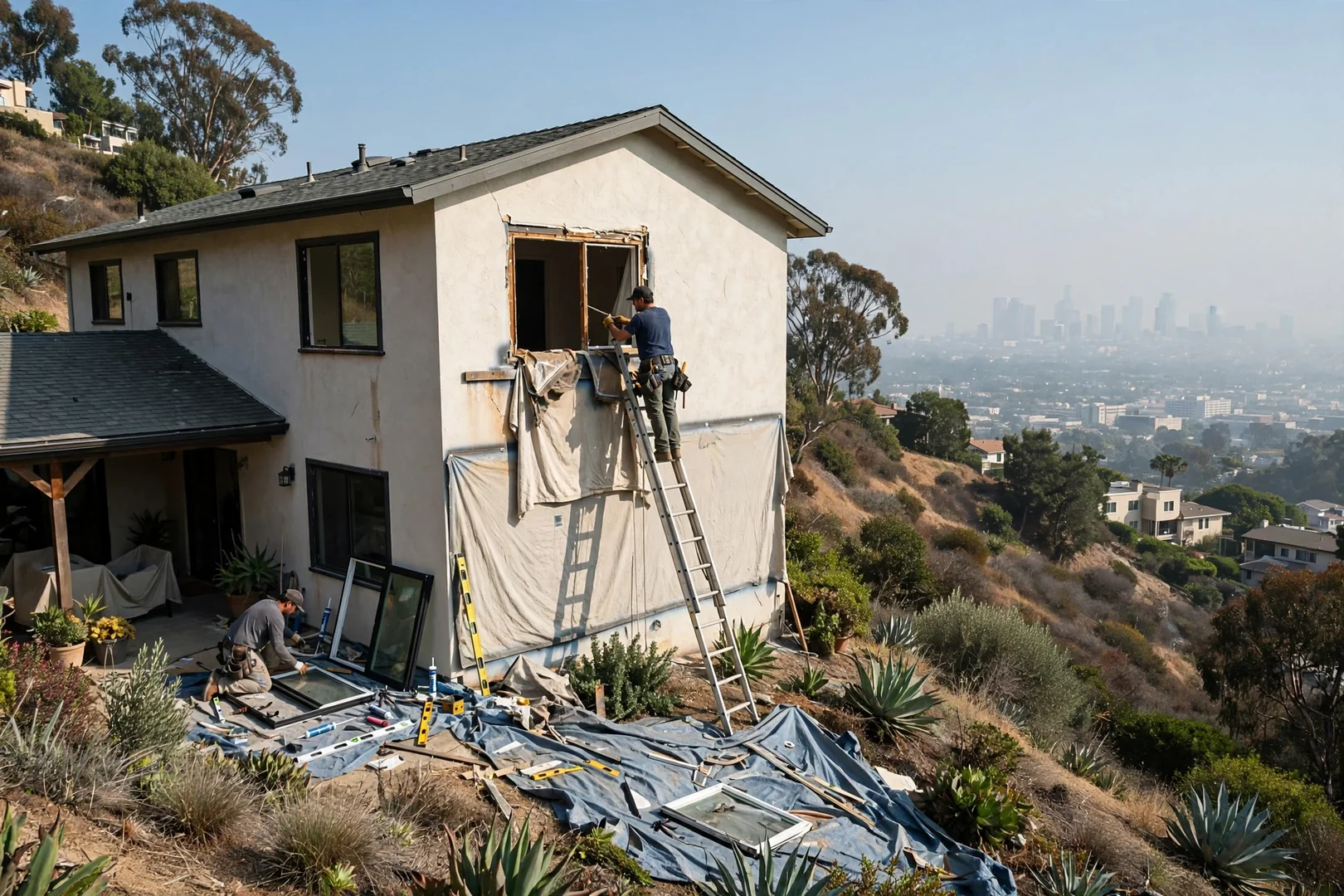 Second-story sliding glass window replacement on a hillside Los Angeles home exterior