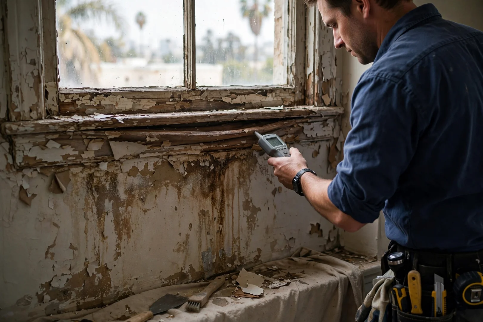 Interior wall showing water staining and paint blistering below an aging window sill