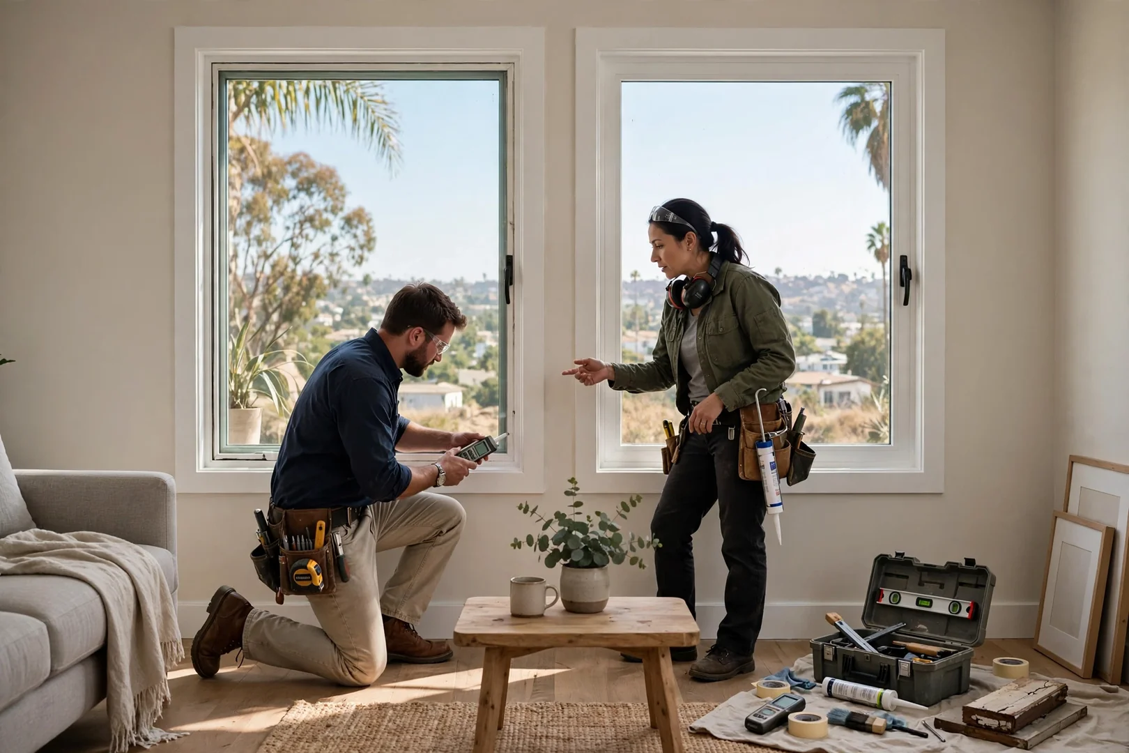 Finished energy-efficient casement windows with low-E glass in a renovated living room