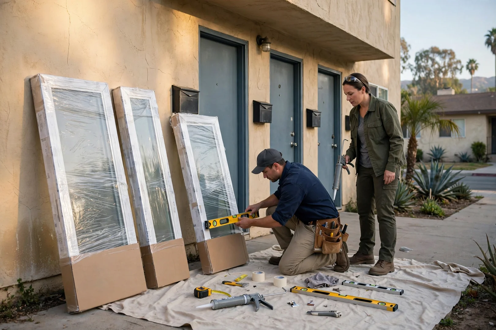 Staged window units and installation tools set up outside a multi-unit Los Angeles building