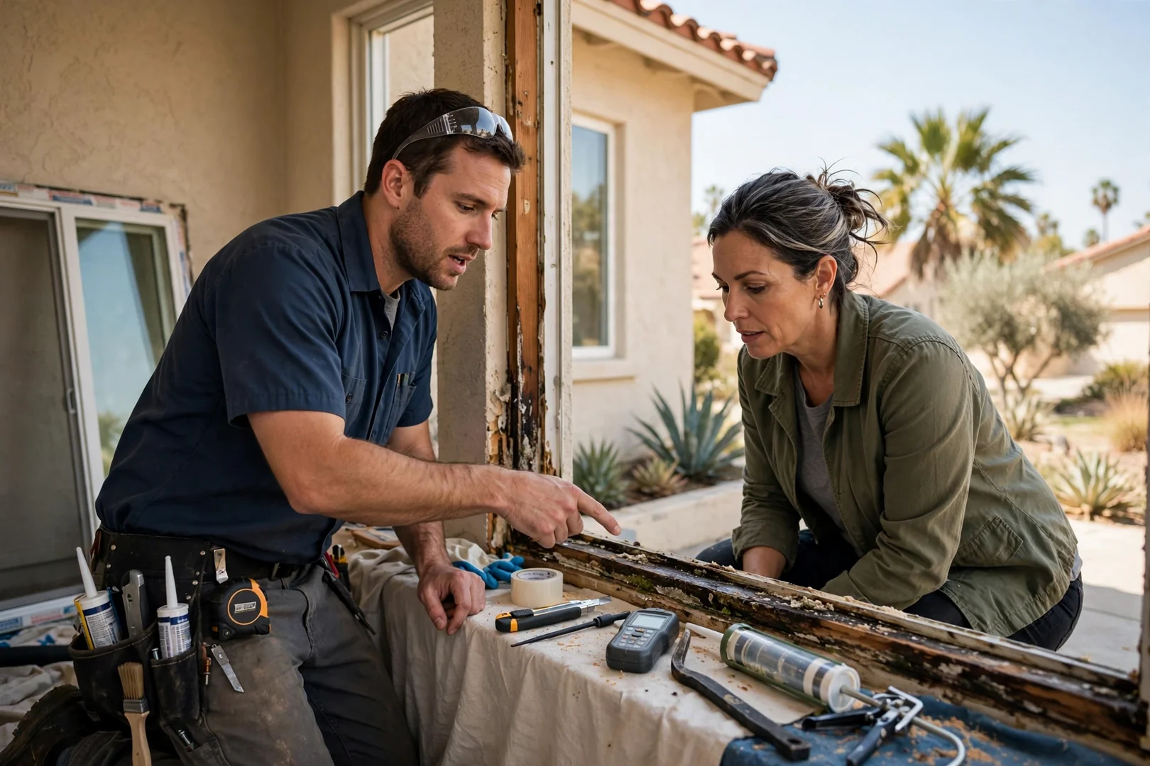 Installer checking sash operation on a newly replaced window in a Los Angeles home